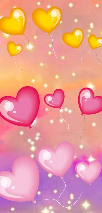 Heart-shaped balloons in pink and yellow on dreamy sunset backdrop.