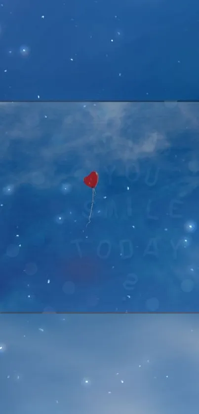 Red heart balloon floating in a dreamy blue sky with cloud patterns.