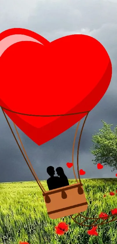 Romantic scene with heart-shaped balloon over green field.