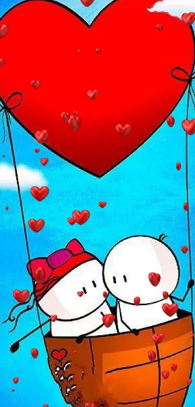 Heart-shaped balloon carrying a couple in a basket against a blue sky.