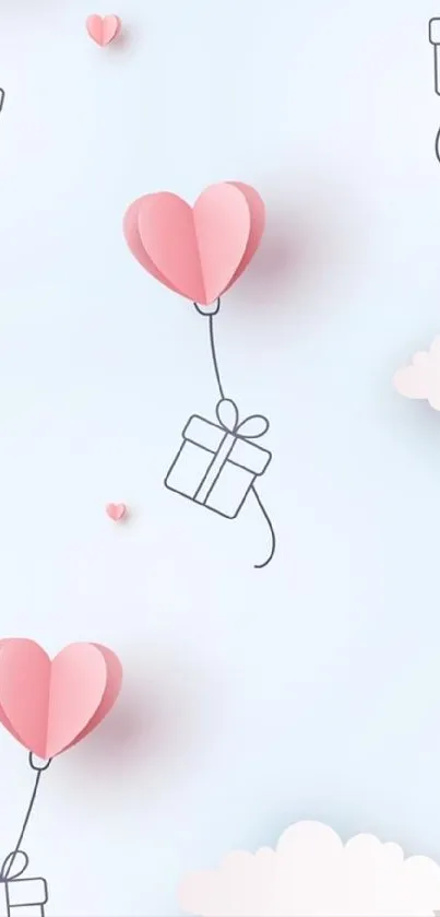 Pastel wallpaper with heart balloons and gifts on light blue background.