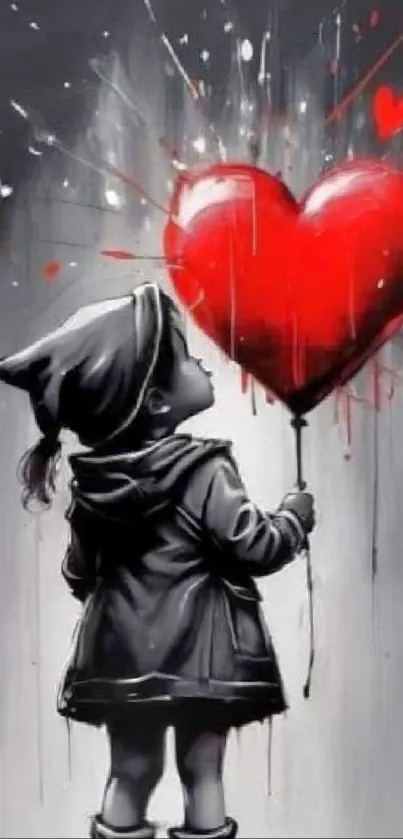 Child holding red heart balloon in street art wallpaper.