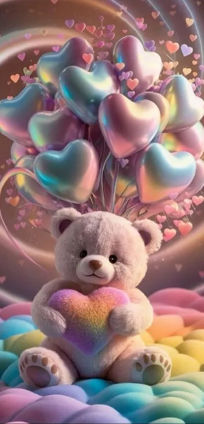 Teddy bear with heart balloons on pastel rainbow background.