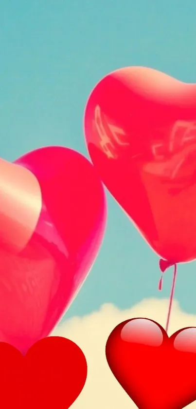 Red heart balloons floating in blue sky.