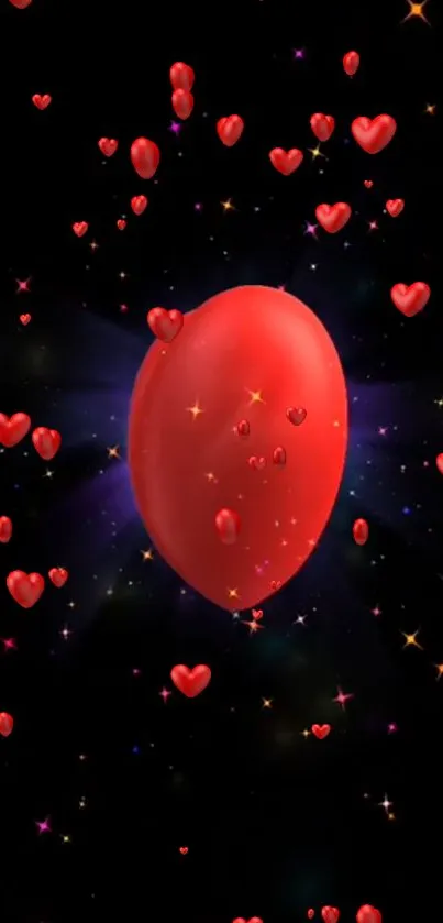 Mobile wallpaper with red heart balloon on a starry black background.