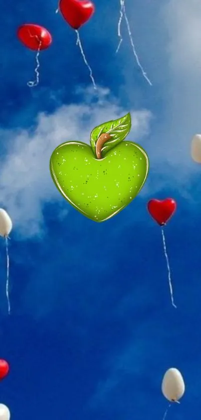 Heart balloons in blue sky with a green apple.