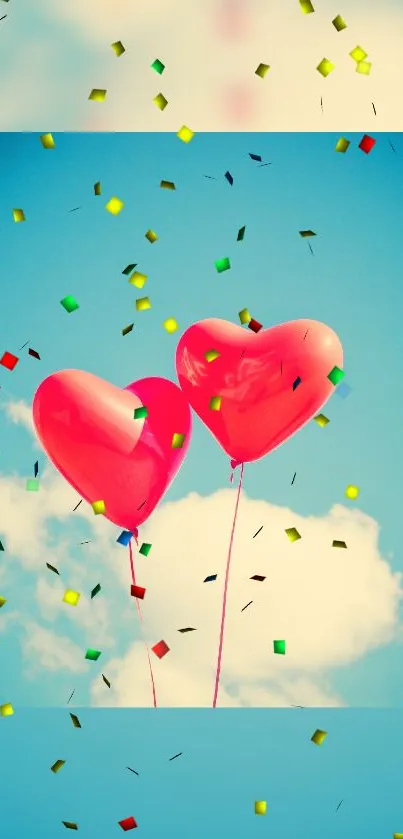 Heart-shaped balloons float in a confetti-filled blue sky.