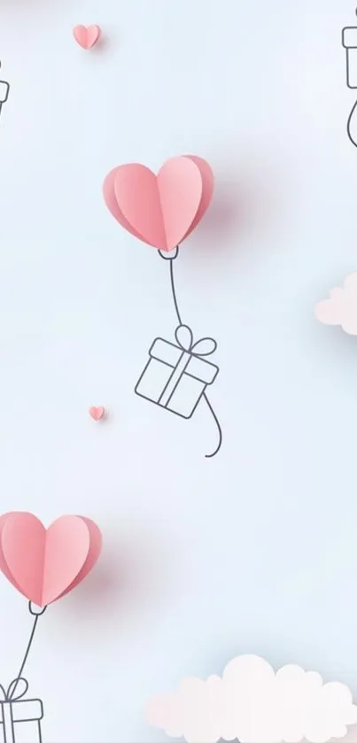 Mobile wallpaper with heart balloons and gift boxes in blue sky background.