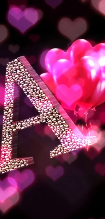 Stylish letter A with red heart balloons on black background.