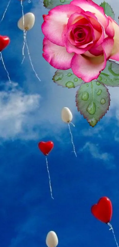 Heart balloons with a pink rose on a blue sky background.