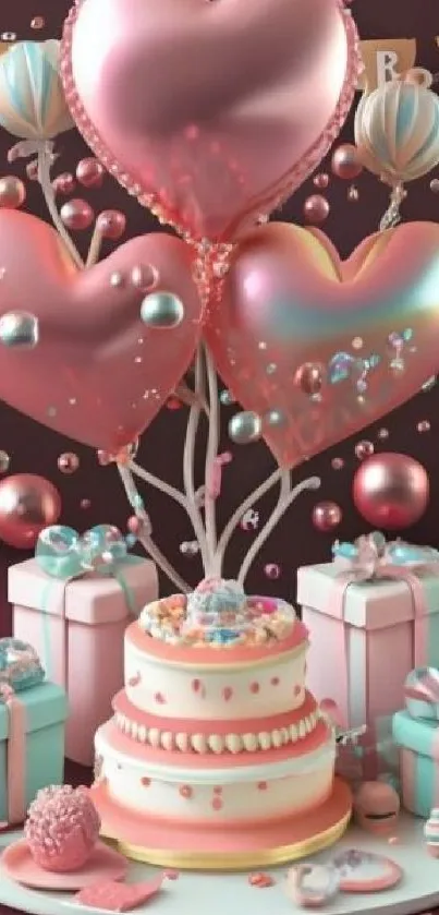 Festive birthday cake with heart-shaped balloons and gifts