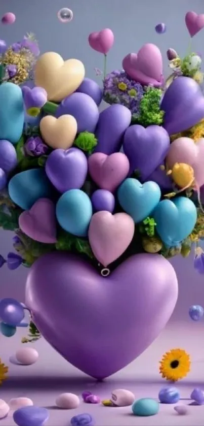 Colorful heart-shaped balloon bouquet with a purple background.