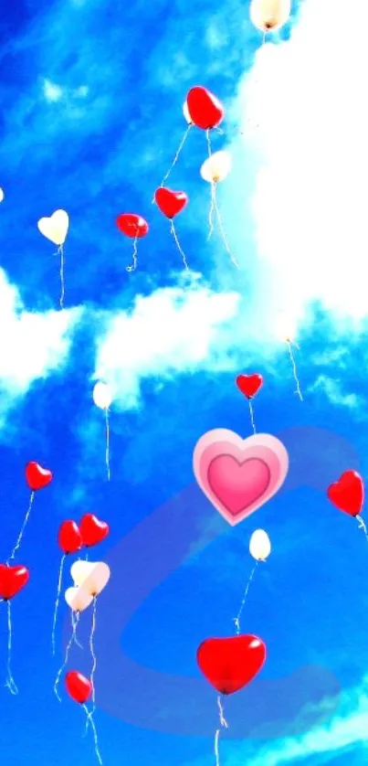 Heart-shaped balloons float in a vibrant blue sky against fluffy clouds.