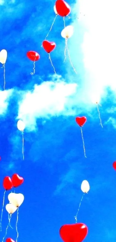 Vibrant image of red heart balloons floating in a bright blue sky.