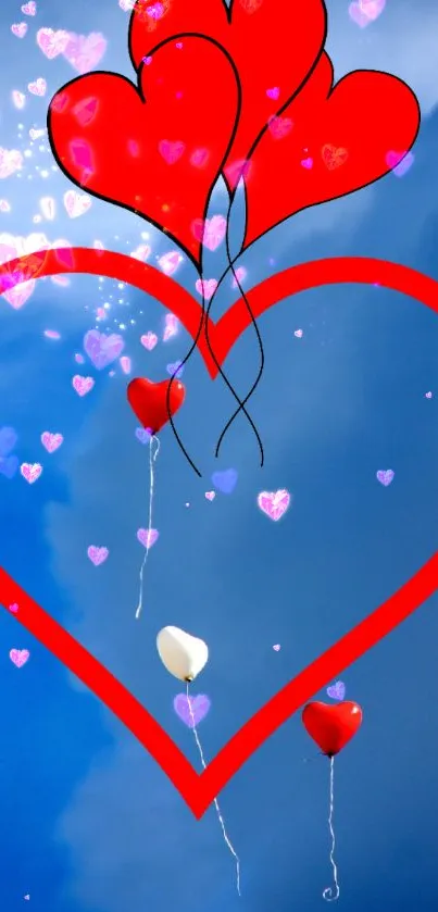 Heart-shaped balloons floating in a blue sky with a big red heart outline.