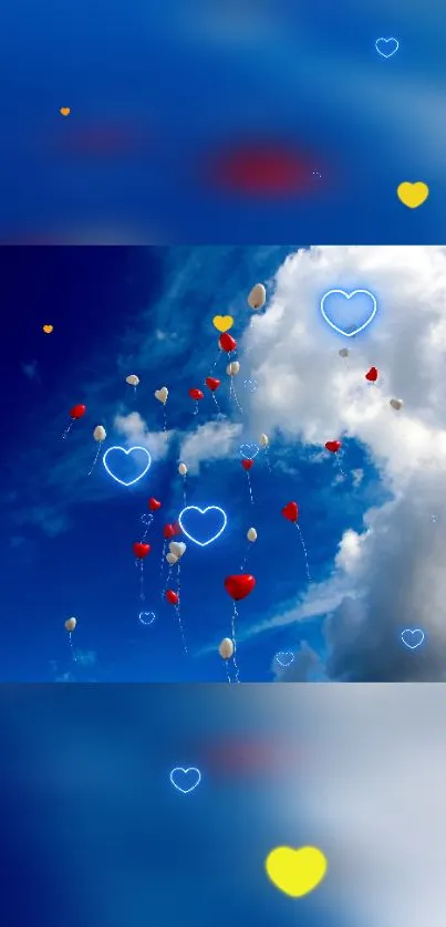 Heart balloons float in a blue sky with clouds.