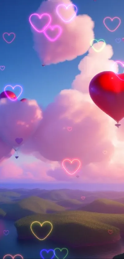 Heart balloons float among soft pink clouds at sunset.