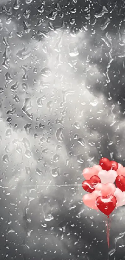 Heart balloons float in a rainy gray sky, creating a romantic atmosphere.