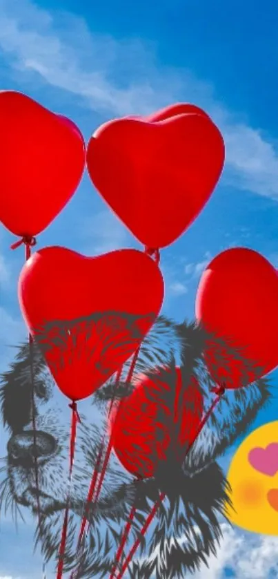 Heart-shaped balloons against a blue sky with dog and emoji.