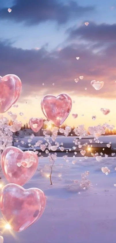 Heart-shaped balloons float in a winter twilight background.