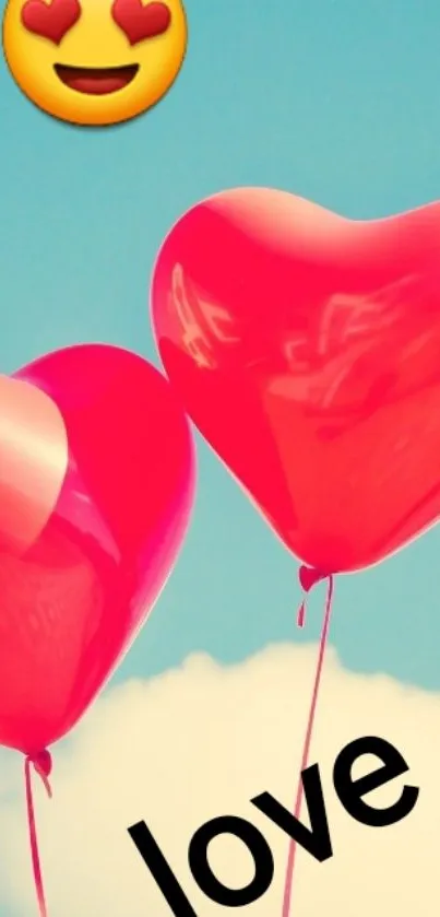 Heart-shaped balloons with love emoji in blue sky.