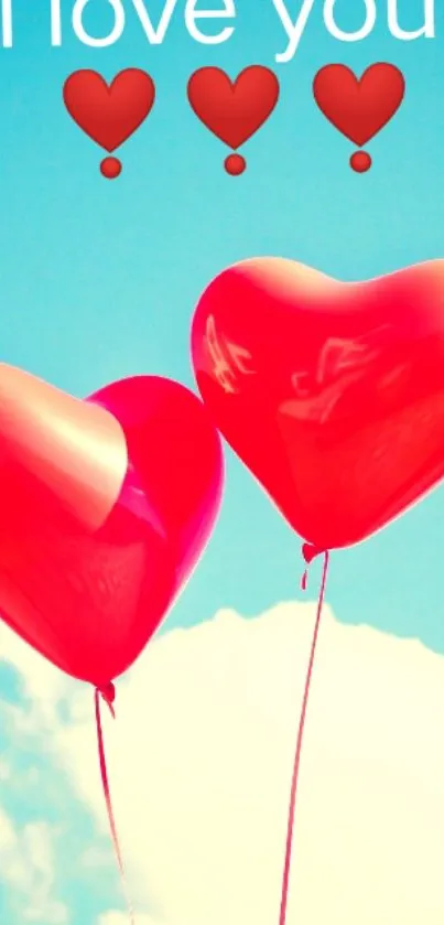 Romantic wallpaper with red heart balloons against a bright blue sky.