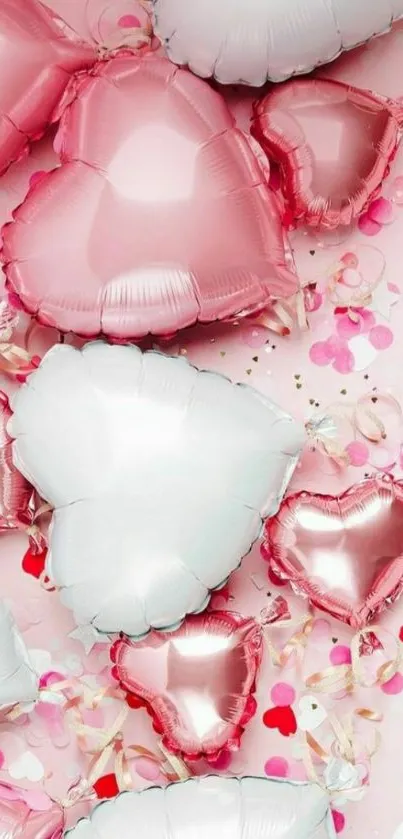 Pink and white heart-shaped balloons wallpaper.