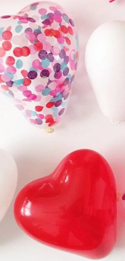 Romantic balloon wallpaper with heart shapes and confetti.