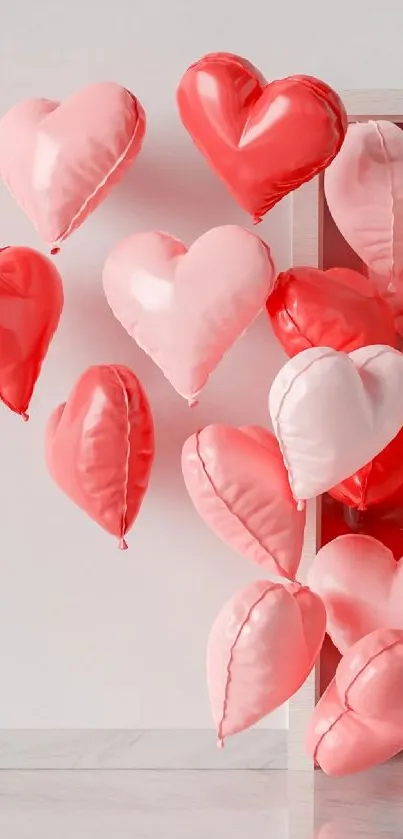 Red and pink heart balloons exiting an open door.