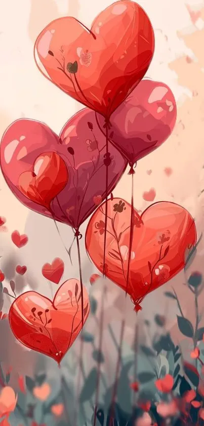 Heart balloons wallpaper with red shades and floral design.