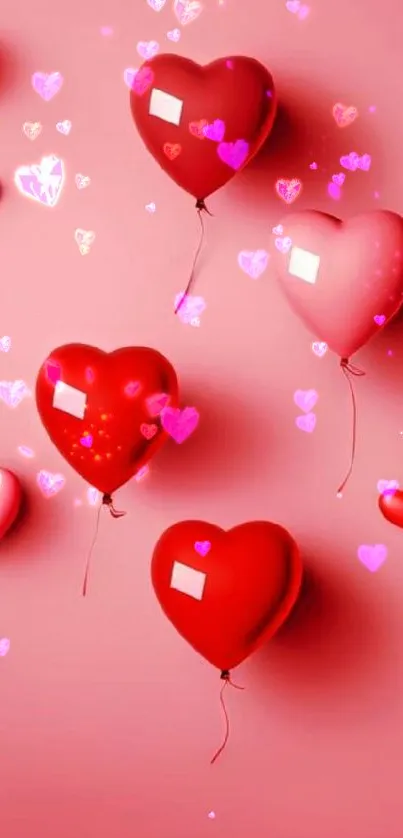 Mobile wallpaper with pink and red heart-shaped balloons.