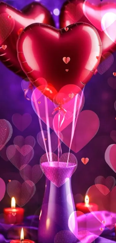 Romantic heart-shaped balloons with candles.