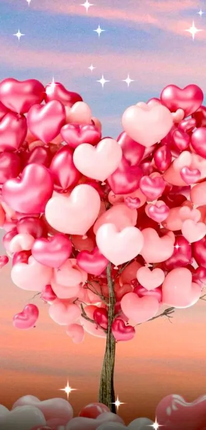 Heart-shaped balloon tree with sunset sky.