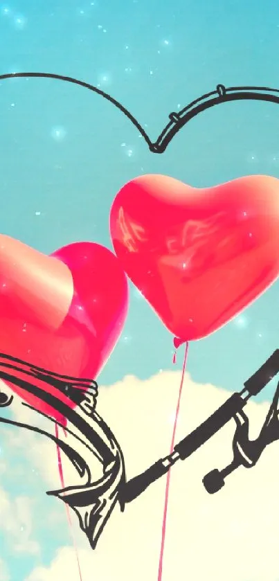 Heart-shaped balloons with a blue sky backdrop creating a whimsical scene.