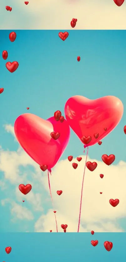 Heart-shaped balloons floating in a blue sky with clouds.