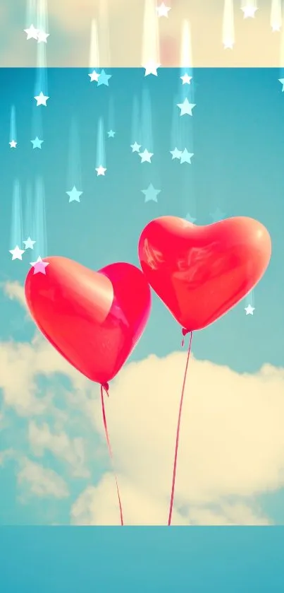 Romantic heart balloons float in the sky with clouds and stars.