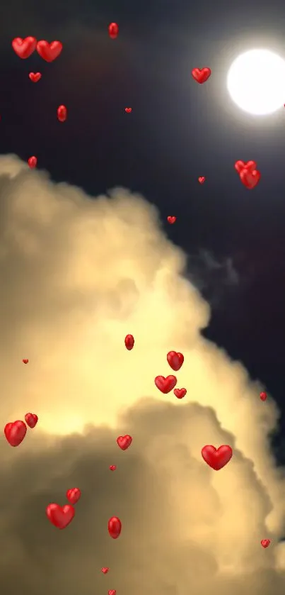 Red heart balloons float under a full moon in a dark cloudy sky wallpaper.