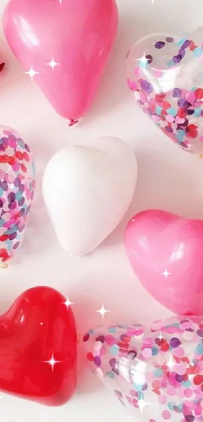 Heart-shaped balloons in vibrant red, white, and pink colors against a light background.