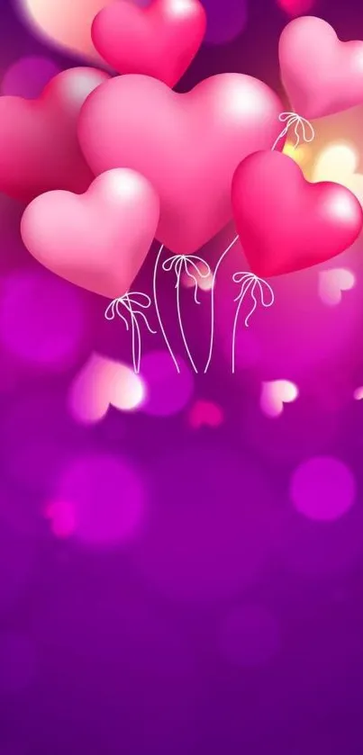 Heart-shaped balloons on purple bokeh background.