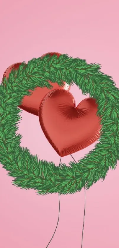 Heart balloons with green wreath on pink background mobile wallpaper.