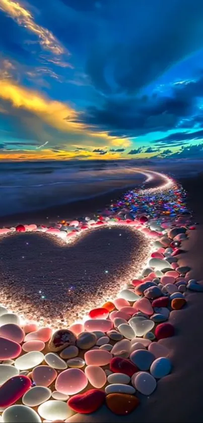 Heart-shaped stones on beach at dusk.