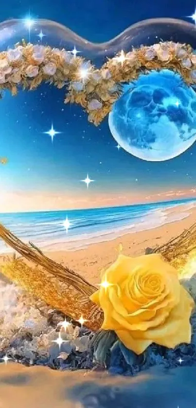 Heart-shaped frame with moonlit beach and yellow rose.