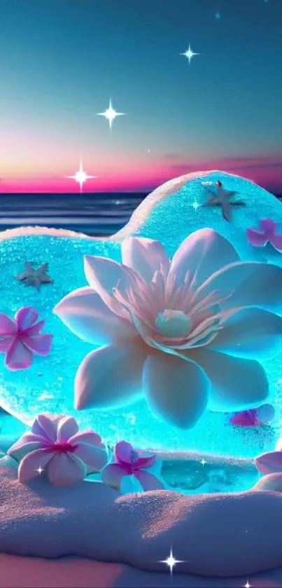 Fantasy beach heart with flowers and night sky.