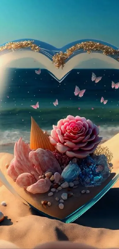 Heart-shaped beach scene with rose and seashells.