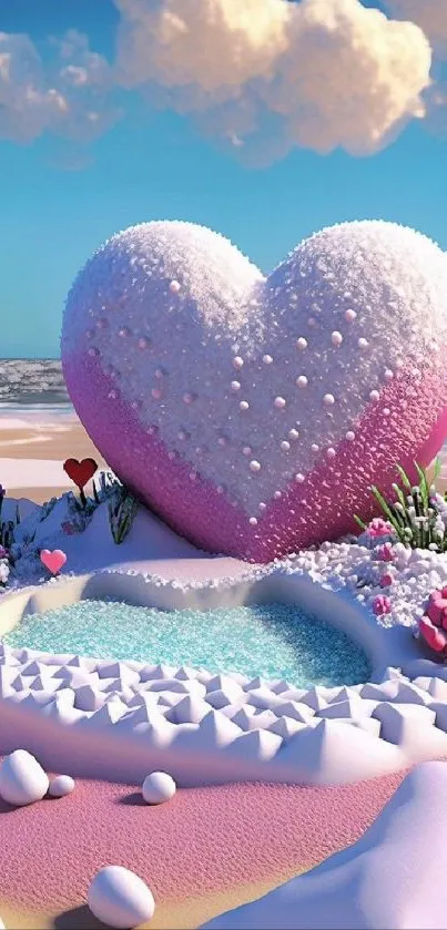 Heart-shaped pink beach scene with ocean view and clouds.