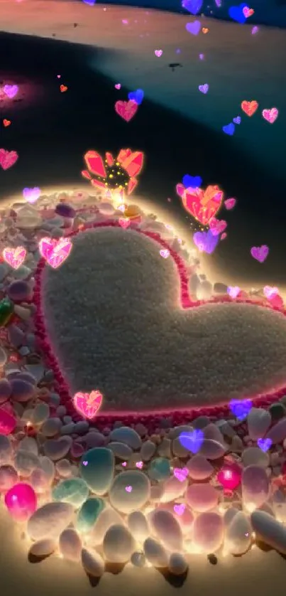 A glowing heart of stones on a dark beach at sunset, surrounded by colorful lights.