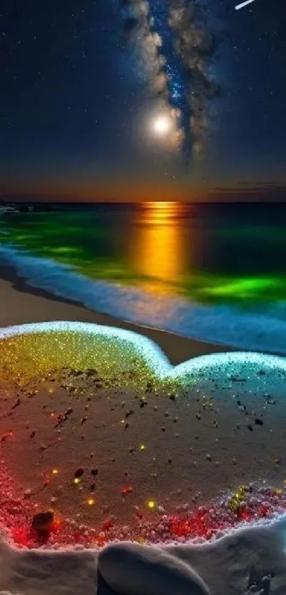 Heart-shaped beach under Milky Way at night with vibrant ocean colors.