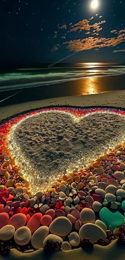 Heart-shaped stones on moonlit beach with colorful lights