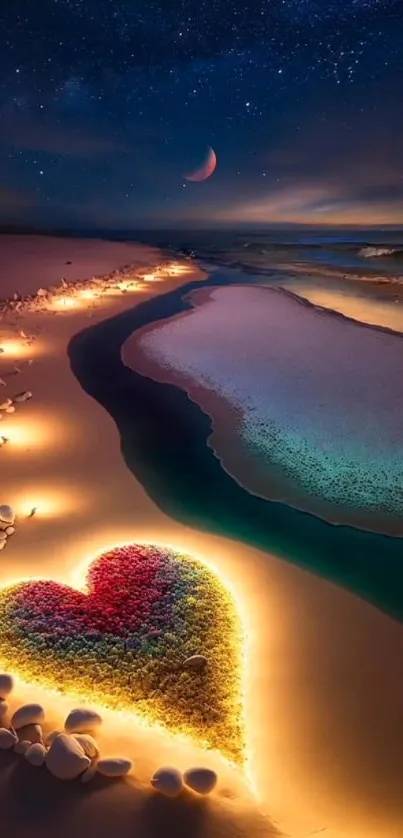 Romantic heart-shaped glowing path under a starry beach nightscape.