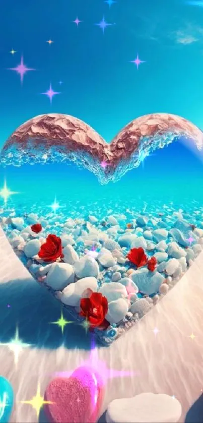 Heart-shaped beach wallpaper with blue sky and ocean view.